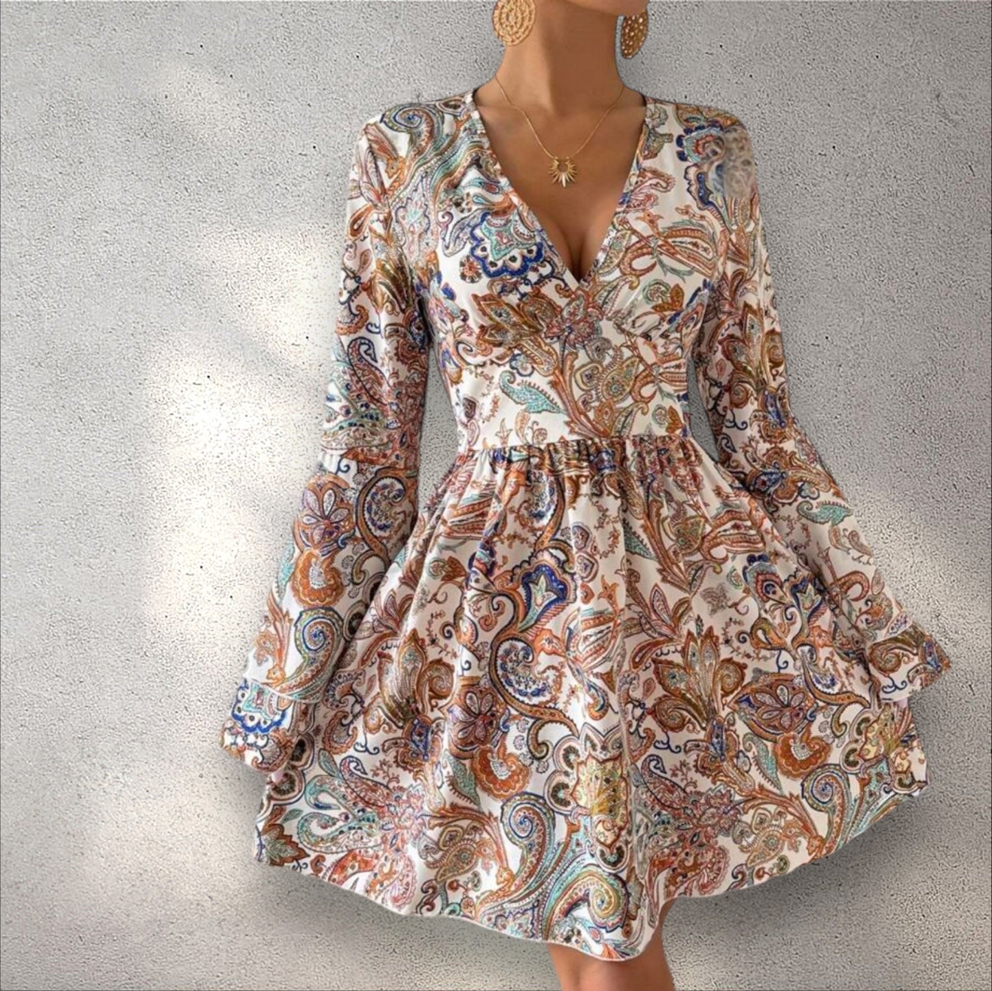 Boho Paisley Long-Sleeve Dress - Medium